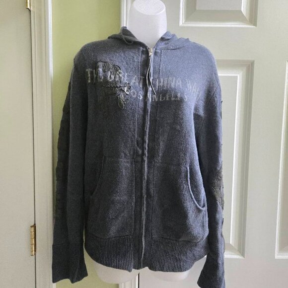The Great China Wall Rare Los Angeles Embroidered Skull Grey Cashmere Hoodie - Picture 1 of 16